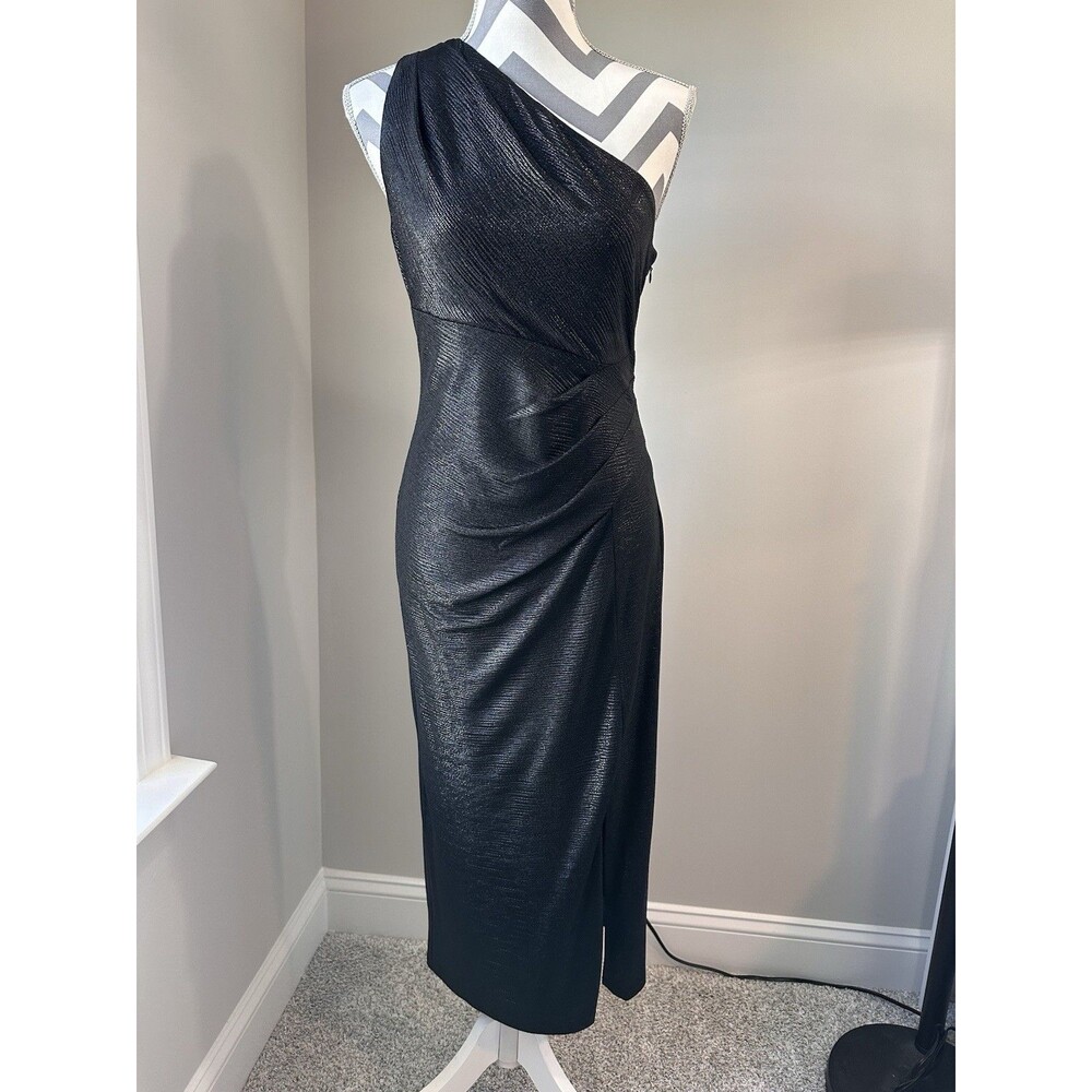Lauren Ralph Lauren Black Metallic One Shoulder Midi Cocktail Dress Size 8 EUC